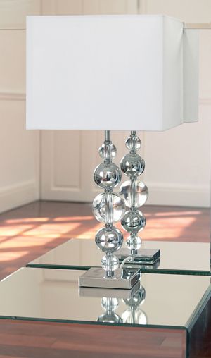 lampa stołowa modern classic, podstawa ze szklanych kul, biały abażur