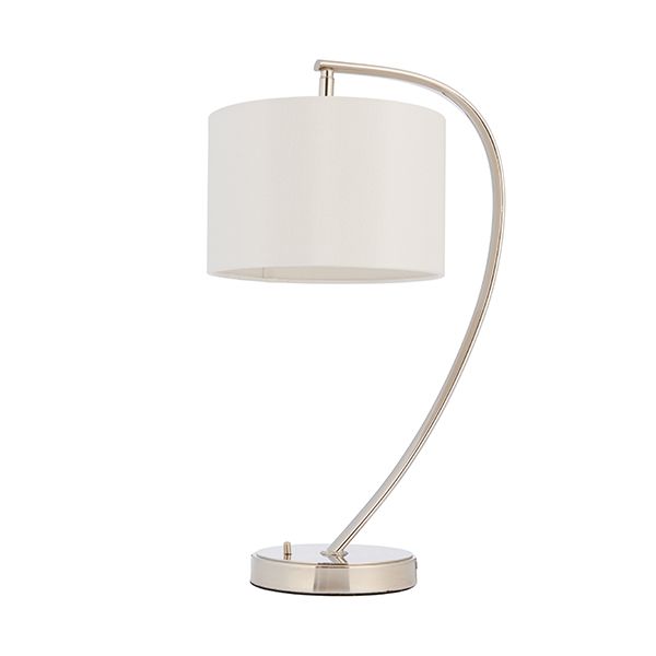 srebrna lampa stołowa, styl modern classic, nowoczesny, biały abażur