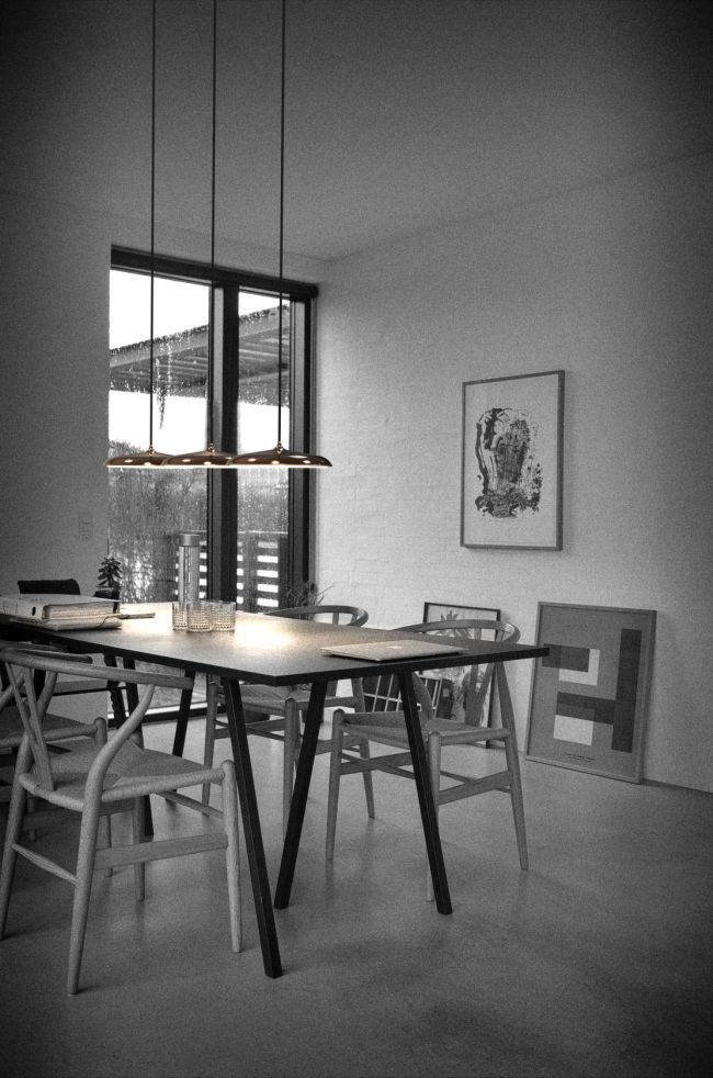 miedziana lampa z płaskim kloszem nad stół, skandynawska - aranżacja