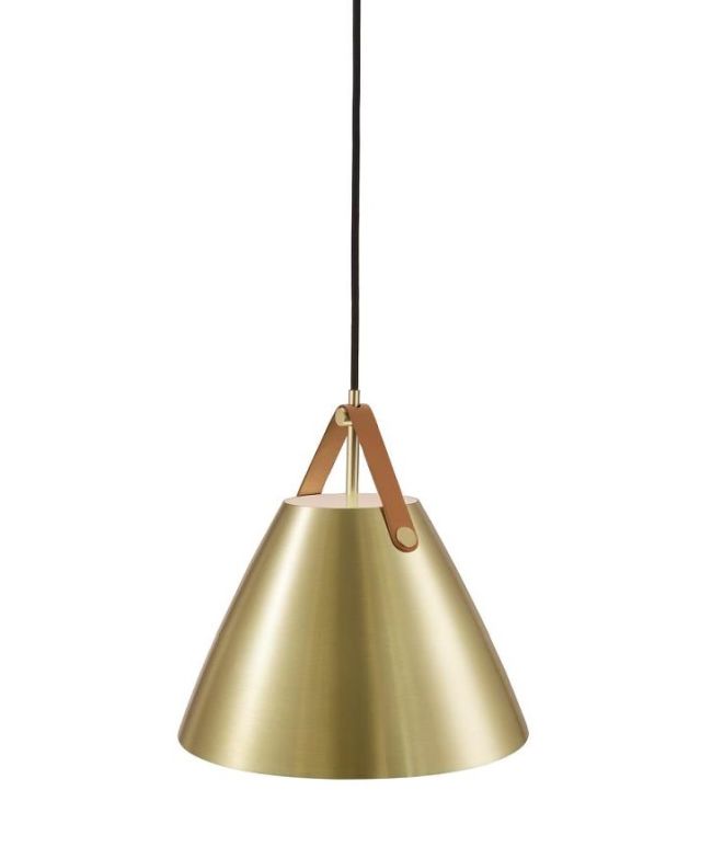 złota lampa wisząca w nowoczesnym stylu, stożkowy klosz w połyskującym wykończeniu
