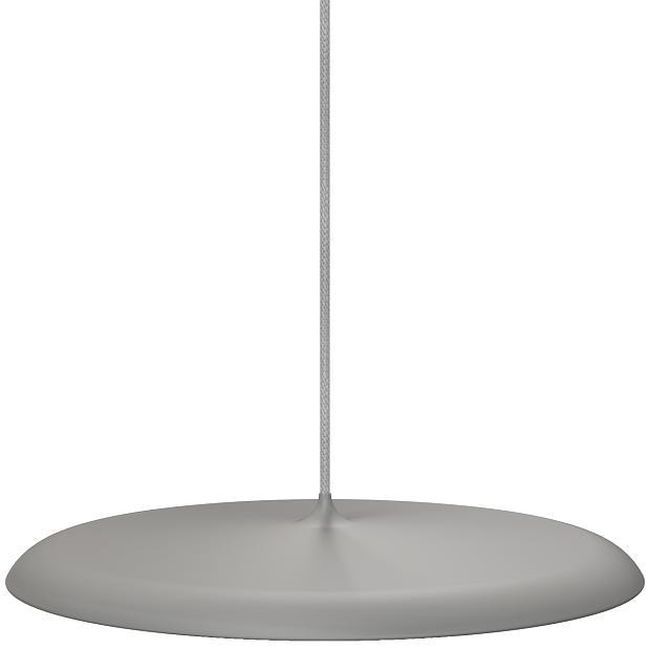 płaska lampa wisząca z szarym,matowym kloszem nad stół