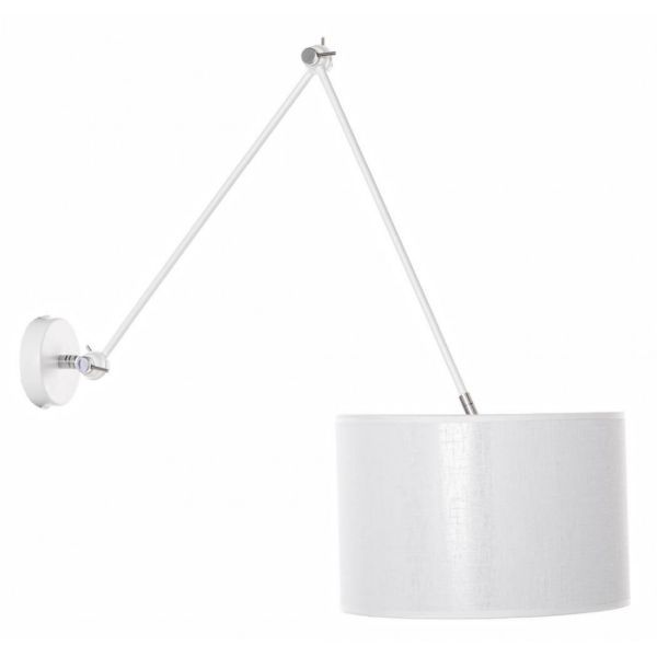 biała lampa ścienna o metalowym jasnym ramieniu i materiałowym kloszu