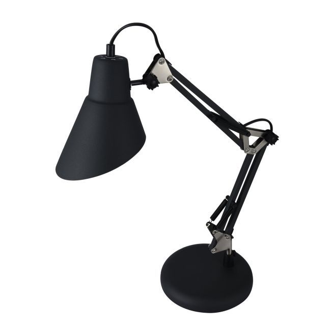 metalowa lampa biurowa w kolorze czarnym z ruchomym kloszem i ramieniem