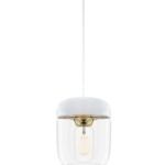 biała lampa ze szklanym, przezroczystym kloszem i złotymi detalami, styl nowoczesny