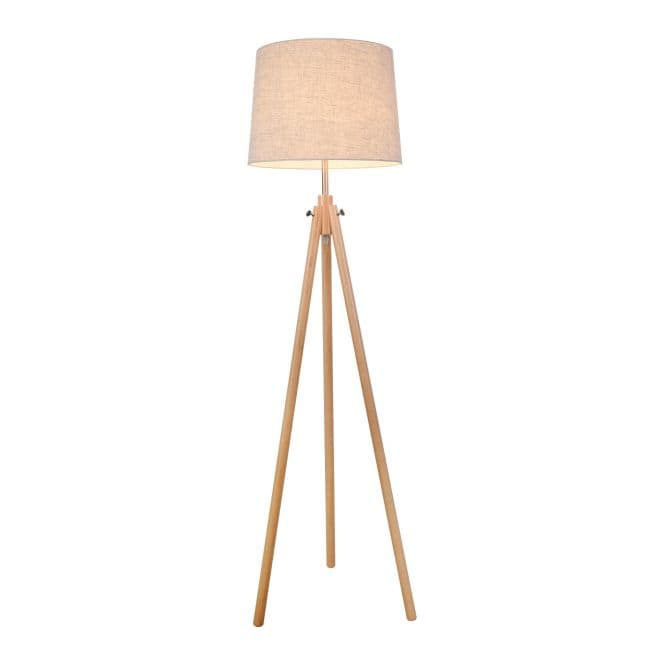 nowoczesna lampa podłogowa o podstawie trójnogu wykonanym z drewna