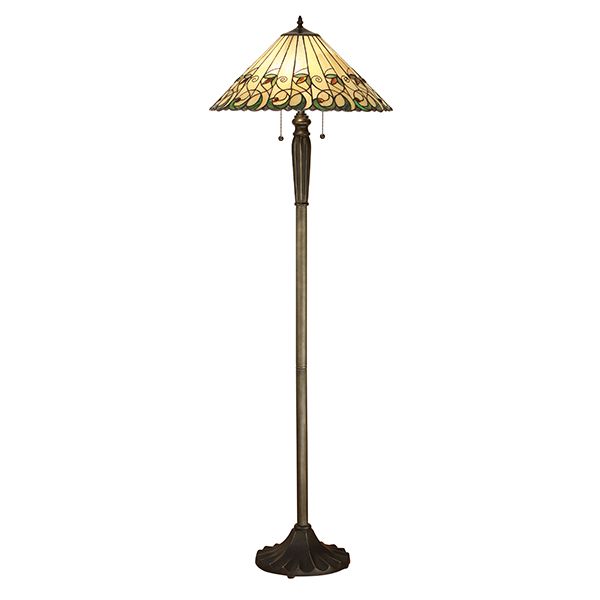 Brązowa lampa stojąca z kolorowym kloszem tiffany