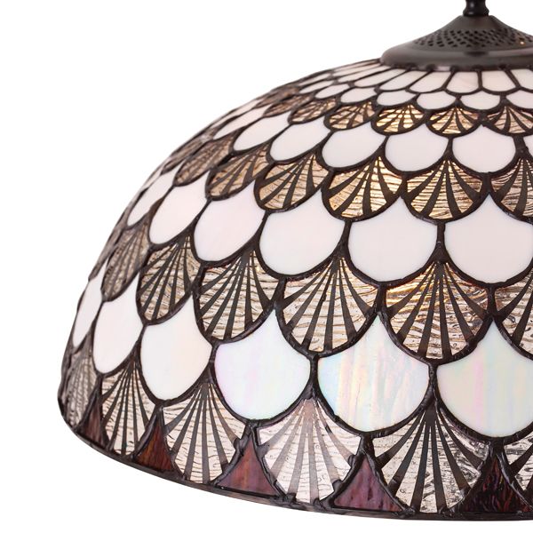 brązowa lampa podłogowa z e szklanym witrażowym kloszem tiffany
