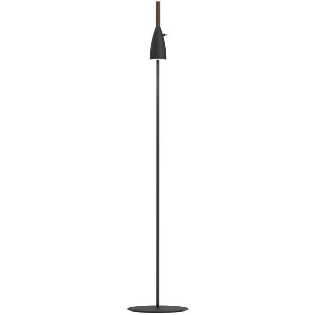 czarna, matowa lampa podłogowa na prostej podstawie z niewielkim kloszem skierowanym na dół