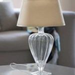 lampa stołowa w stylu modern classic, szklana, bezbarwna podstawa, beżowy abażur