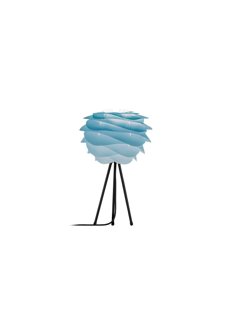 pastelowa lampa stołowa, biała podstawa i nowoczesny klosz w błękitnym ombre