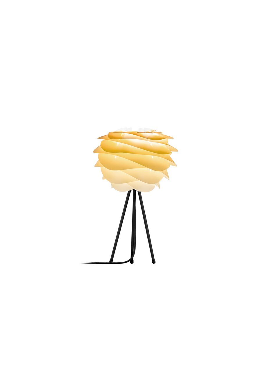 lampa stołowa biało-żółta, biała podstawa tripod i żółty klosz