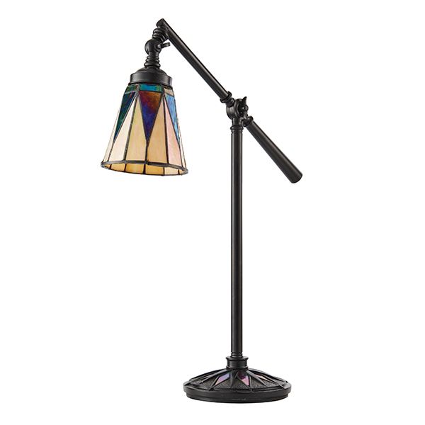 ciemna lampa stołowa ze szklanym beżowym kloszem