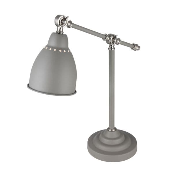 szara niska stalowa lampa stołowo biurkowa