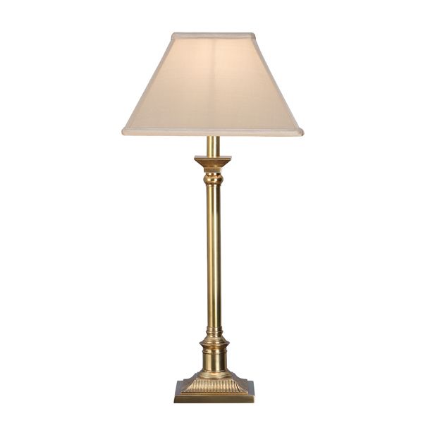 minimalistyczna lampa stołowa w stylu klasycznym z beżowym abażurem