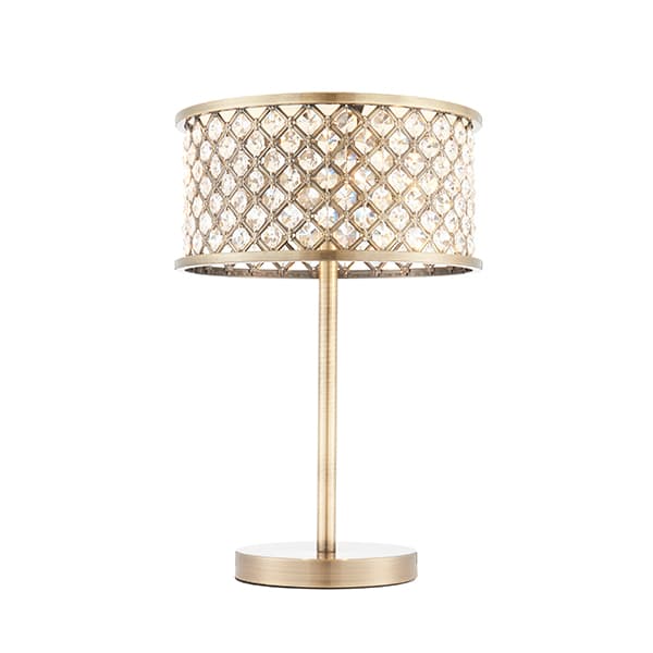 elegancka lampa stołowa w kolorze antycznego mosiądzu z kryształami