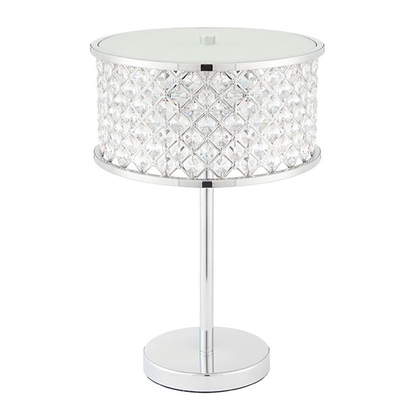 srebrna lampa stołowa w stylu glamour z kryształami