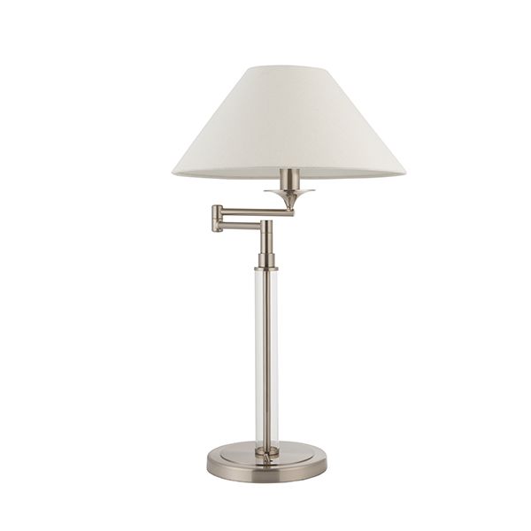 srebrna lampa stołowa o mobilnym ramieniu i białym materiałowym kloszu