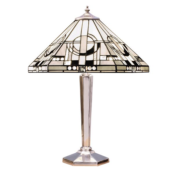 Lampa stołowa klasyczna - srebrna z witrażowym szkłem
