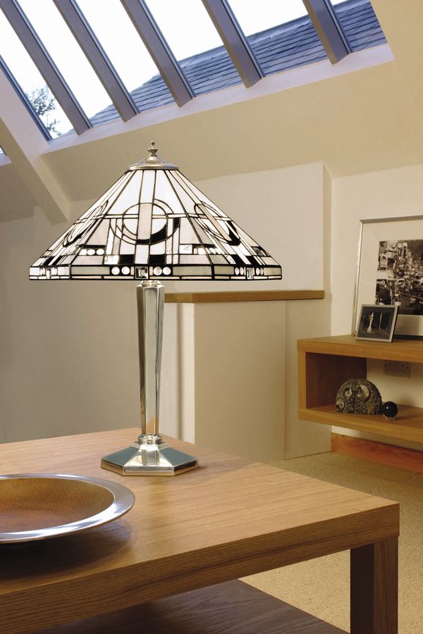 Lampa stołowa klasyczna - srebrna z witrażowym kloszem