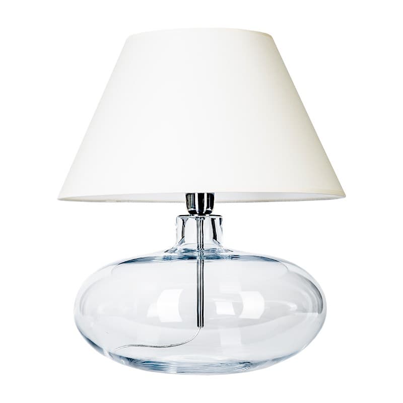 niska lampa stołowa z białym abażurem, bezbarwna podstawa ze szkła