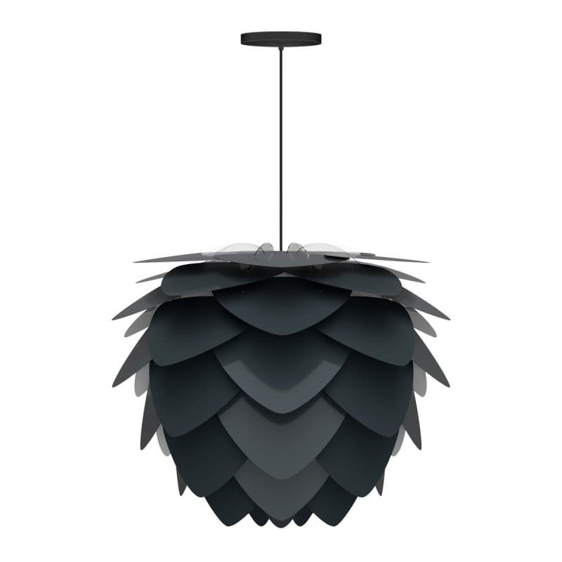 nowoczesna lampa wisząca z czarnych płatków, z czarnym zawieszeniem, kształt szyszki