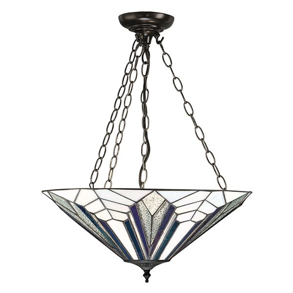 szklana lampa wisząca na czterech łańcuchach z kloszem witrażowym