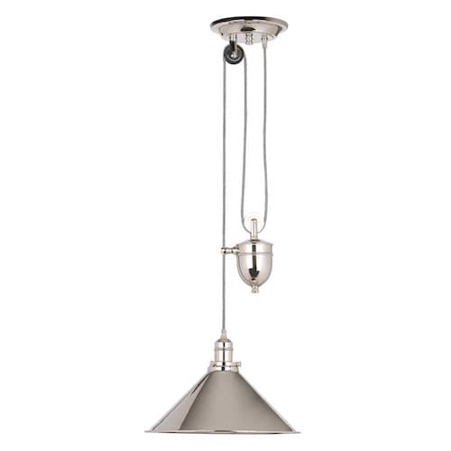 srebrna, połyskliwa lampa wisząca z mechanizmem do zmieniania długości - aranżacja kuchnia biała