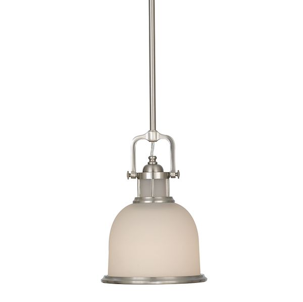 mała lampa wisząca w stylu modern classic, mleczne szkło i srebrne detale