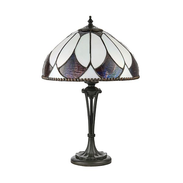 lampa stołowa z brązową metalową podstawą i białym szklanym kloszem