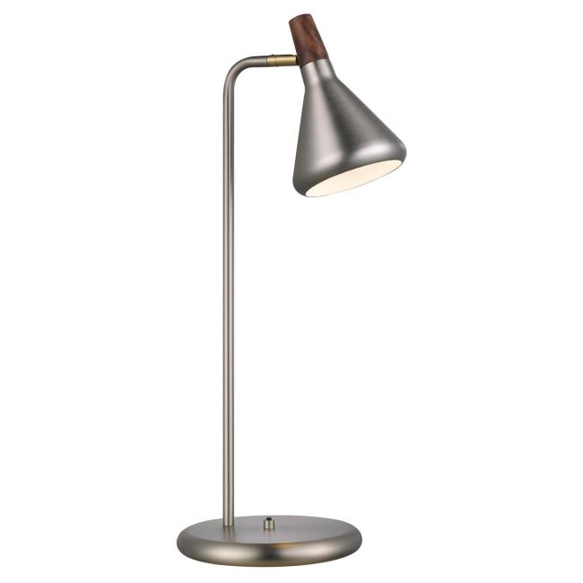 lampa biurkowa z kolorze srebrnym, prosta podstawa, mały klosz
