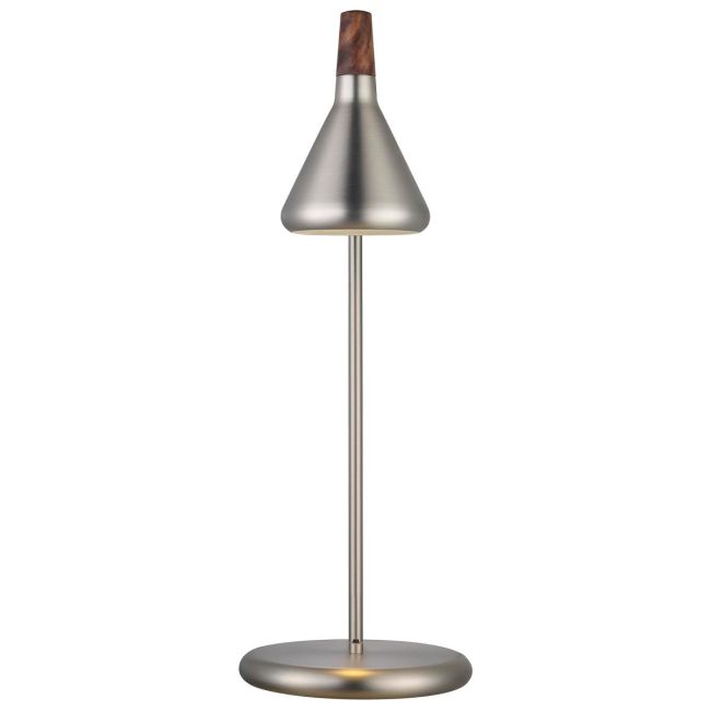 lampa biurkowa z kolorze srebrnym, prosta podstawa, mały klosz