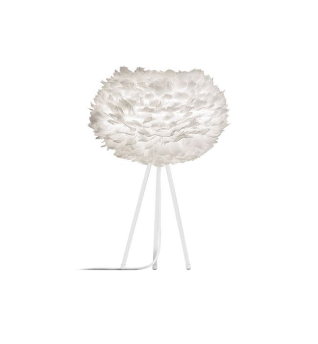 biała lampa stołowa na trzech cienkich nogach, klosz kula z białych piór