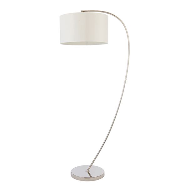srebrna lampa podłogowa z białym kloszem, chromowa, styl nowoczesny, minimalistyczny