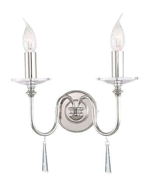 klasyczny kinkiet z dwoma ramionami, srebrna podstawa, chrom, kryształy