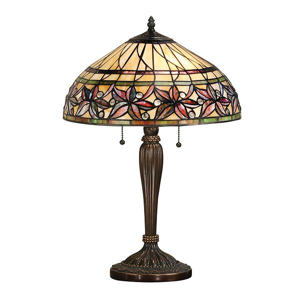 Kolorowa lampa stołowa z brązowymi detalami witrażowymi