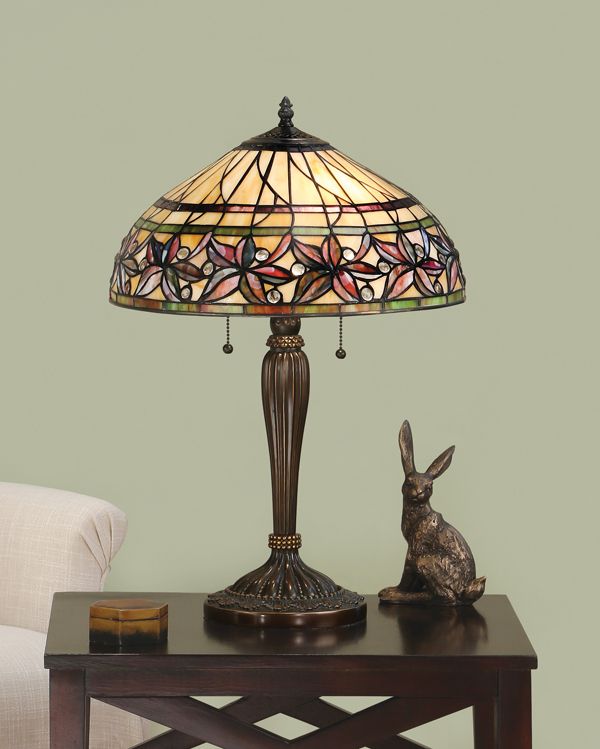 aranżacja - kolorowa lampa stołowa z brązowymi detalami