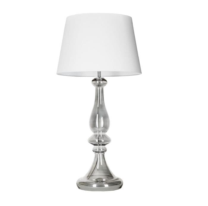 wysoka lampa stołowa z białym abażurem, szara podstawa z barwionego szkła - aranżacja